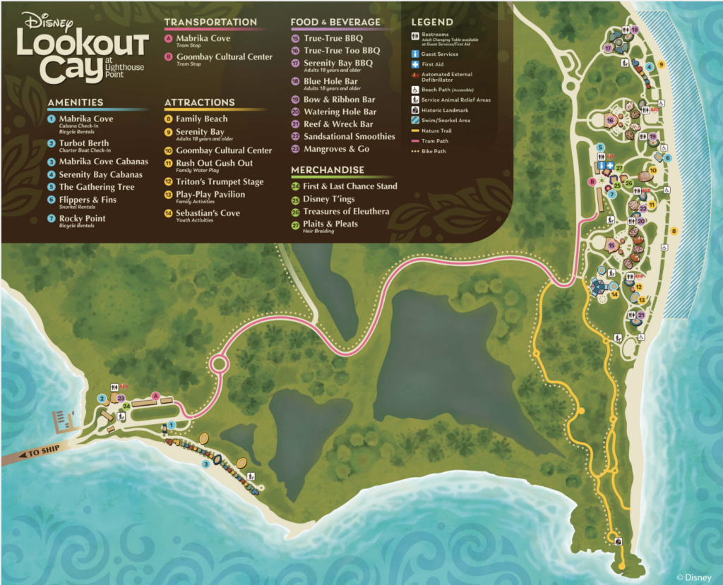 Map of Disney Lookout Cay with attractions, amenities, food, beverage, transportation, and merchandise locations.